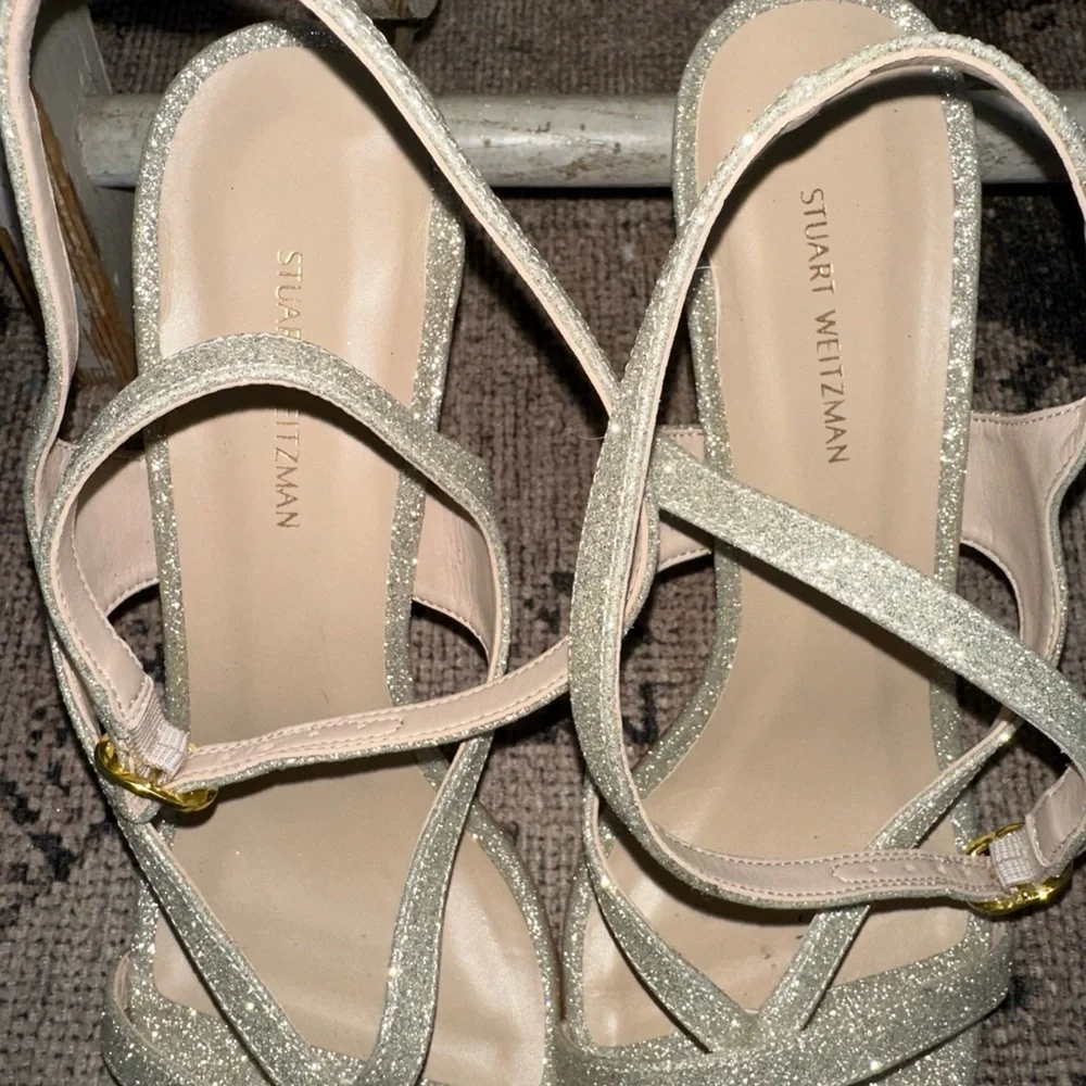 Stuart Weitzman Silver Glitter high heel sandals Align 95 size 8 EUC